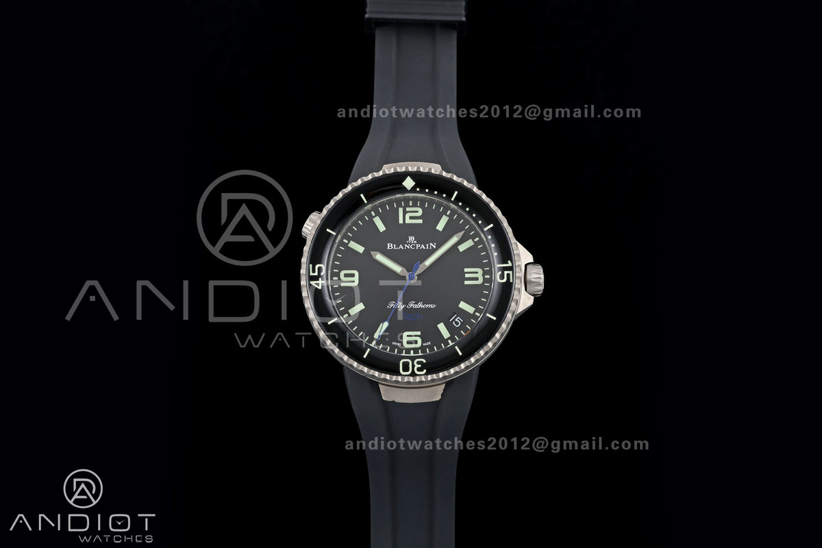 Fifty Fathoms Tech 45 Titanium Case TWF 1:1 Best Edition Black Dial Blue Hands on Black Rubber Strap A1315A